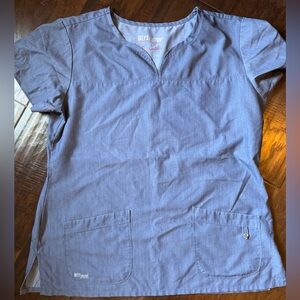 Greys anatomy scrub top, blue denim looking